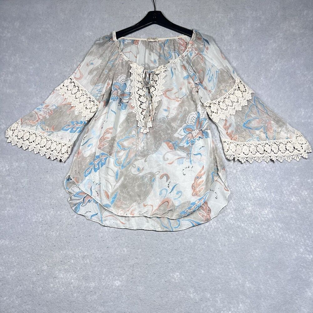 Ambra Blouse Womens Size Small Tan 100% Silk Crochet Accent Blouse Shirt Top